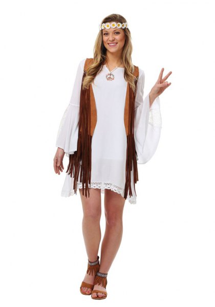 white watch sleeve mini shift dress with black hippie vest