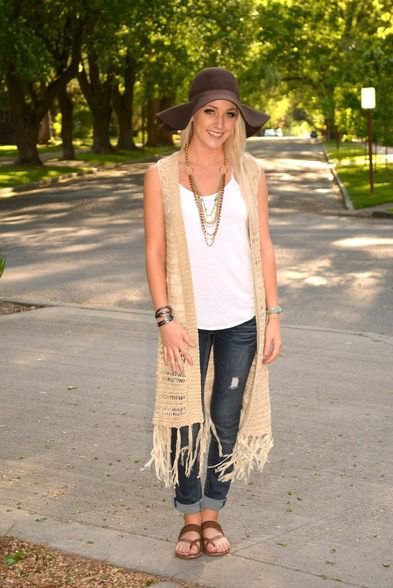 crepe longline crochet knitted vest with cuffed skinny jeans