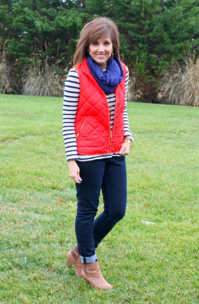 quilted vest with blue scarf and brown leather heeled heels