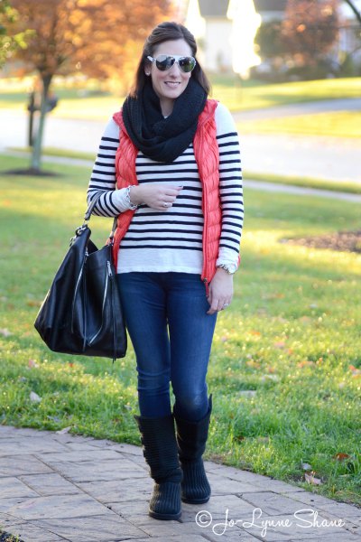 white and black striped sweater with suede high boots