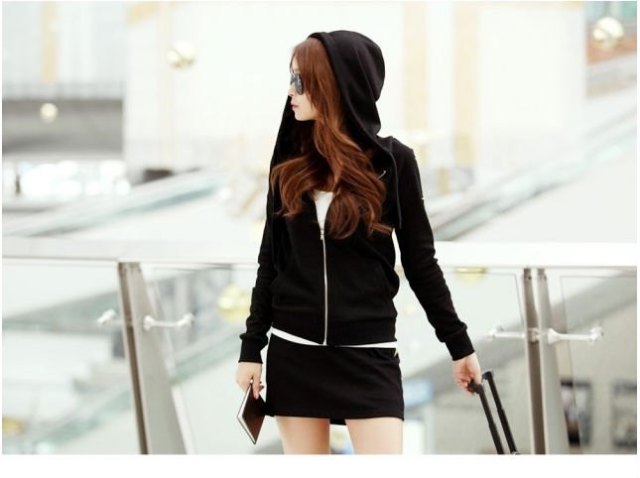 black hooded zipper with mini matching skirt
