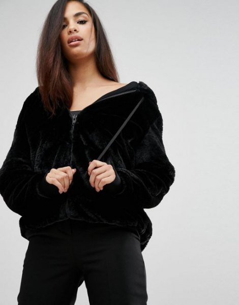 black fleece jacket with zipper with jogging pants