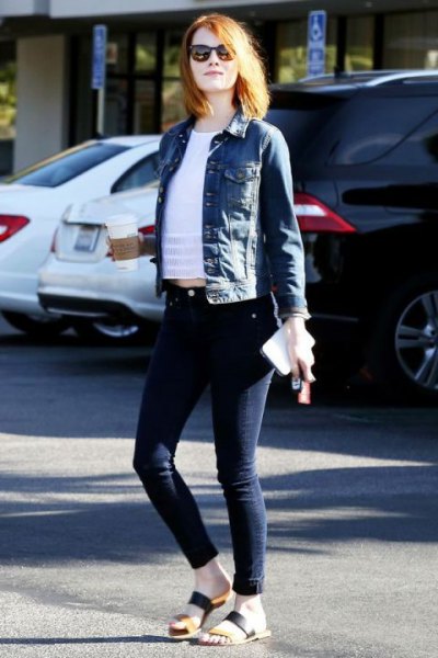 blue denim jacket with white cropped tee and dark jeans