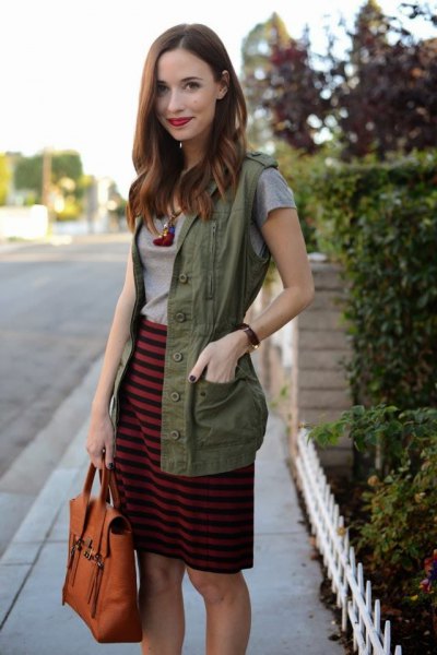 gray and black striped knee length skirt with military vest