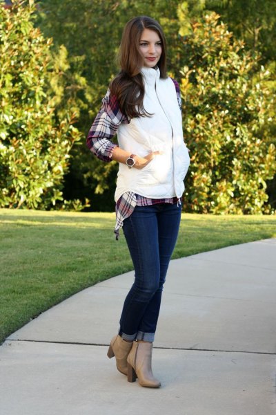gray checkered boyfriend shirt and blush pink leather boots