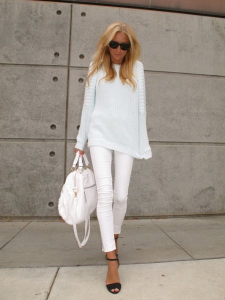 white casual fit rib knit sweater with matching slim cropped jeans