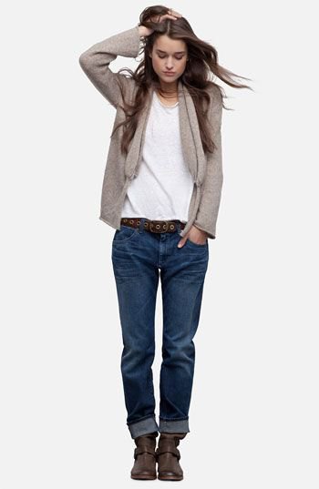 gray cardigan jacket with white tee and dark blue loose fit jeans