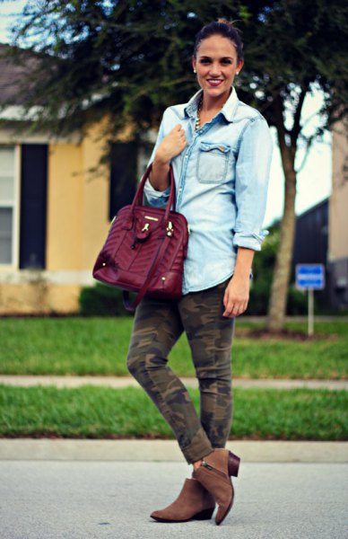 light blue chambray button up boyfriend shirt with ankle jeans and suede boots