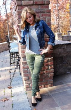 blue denim jacket with gray tee and slim jeans