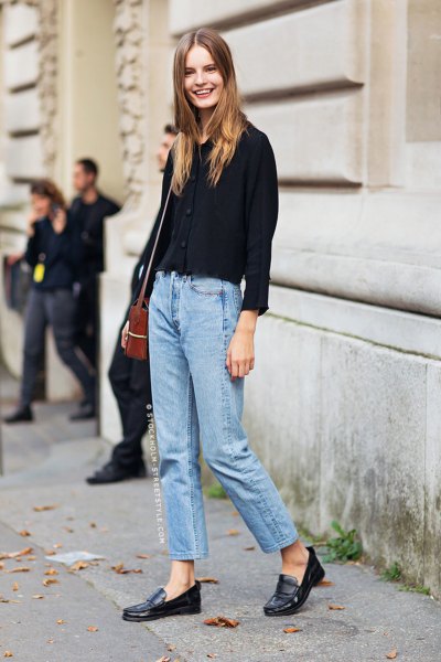 black button up shirt with light blue mom jeans and casual loafers