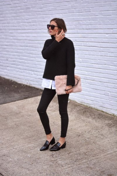 black sweater with white button up shirt and pink pink clutch bag