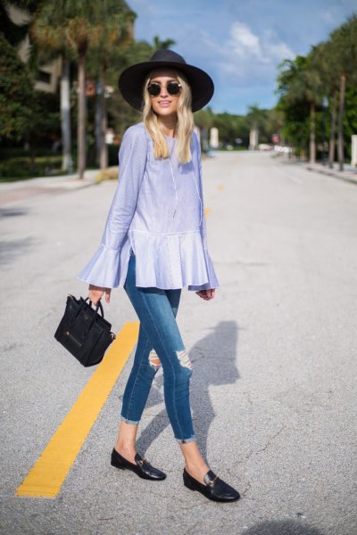light blue peplum bell sleeve with black casual loafers