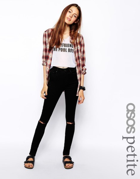 gray and white plaid boyfriend shirt with cropped tee