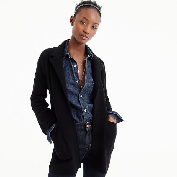 black blazer with blue button up chambray shirt