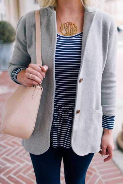 gray sweater blazer with black and white striped tee