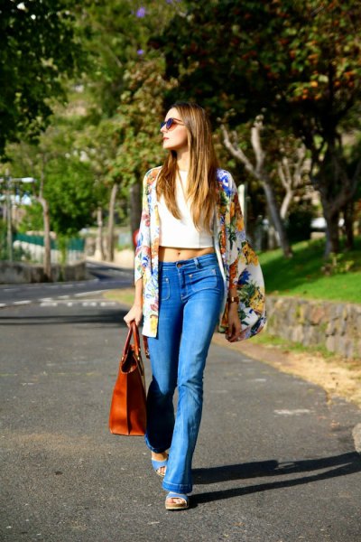 rainbow color printed oversized blazer with light blue boot-cut jeans