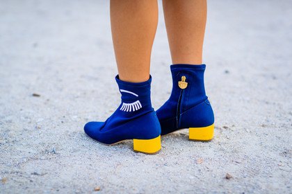 royal blue and lemon yellow ankle boots with white mini-shift dress