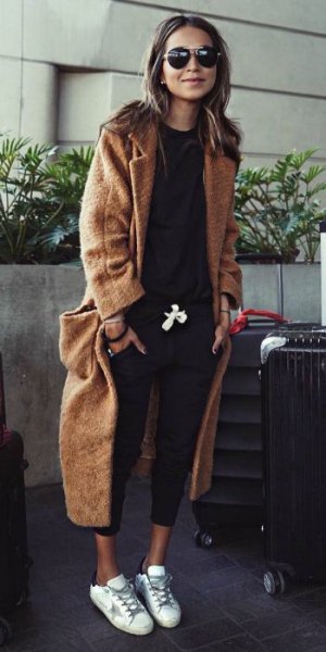 brown maxi length wool travel blazer with black sweater and cropped jeans