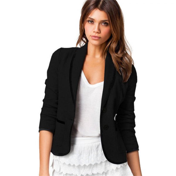 black short-sleeved cotton blazer with white peeled mini skirt