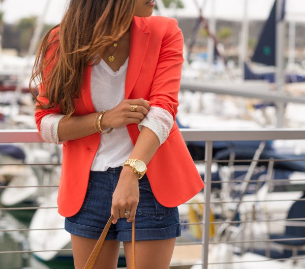 best orange fitted blazer with white v-neck tee and navy blue mini shorts