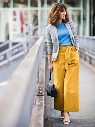 gray sweater blazer with sky blue top and mustard yellow leggings