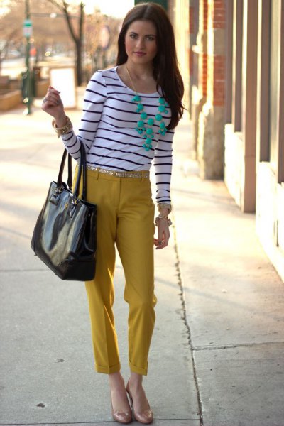 black and white striped long sleeve tee with mustard cropped pants