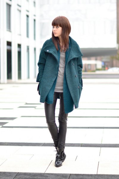 gray cocoon coat with blue long-sleeved shirt and leather clothes