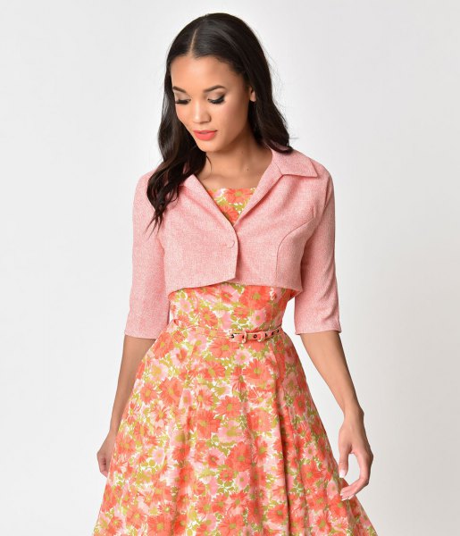 light pink cropped short-sleeved jacket with blush floral printed midi blouse dress