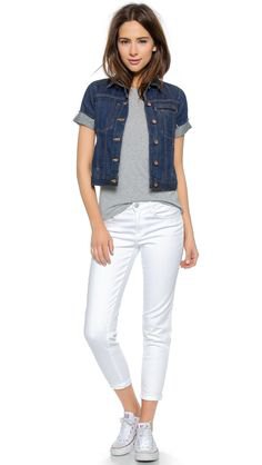 blue short-sleeved cuffed denim jacket with white cropped jeans