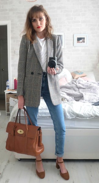 big checked jacket with blue mom jeans