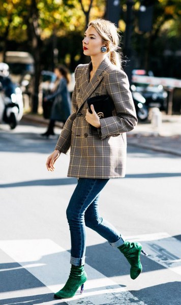 double breasted tweed blazer with dark blue cuffed skinny jeans