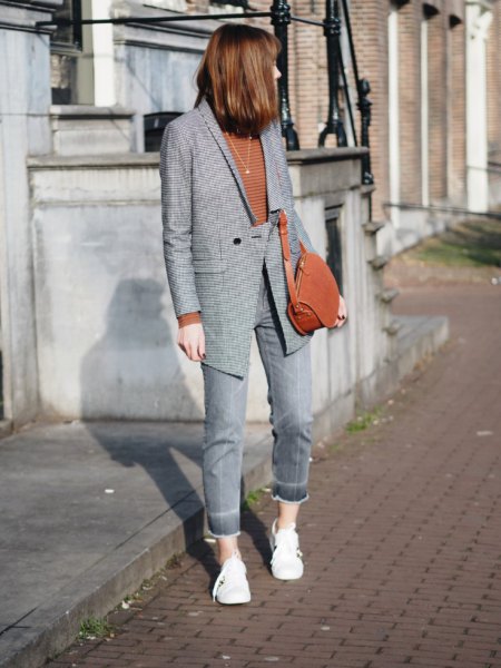 gray checkered blazer with jeans and green sweater