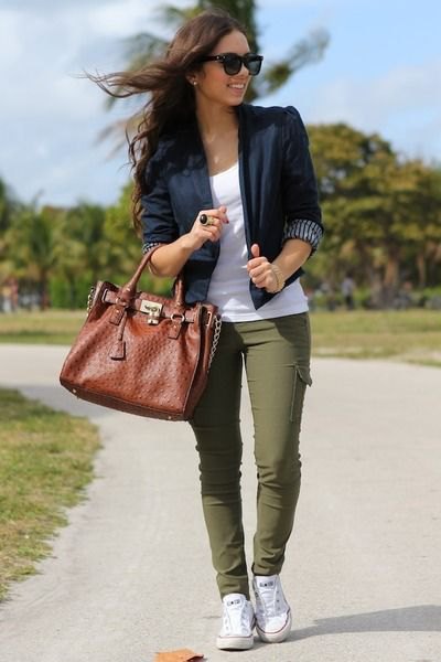 black three-quarter sleeve blazer with white tank top and olive green pants