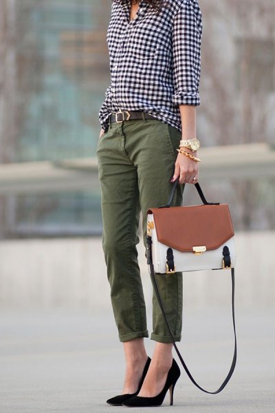 black and white checkered button up shirt with straight leg green cuff pants