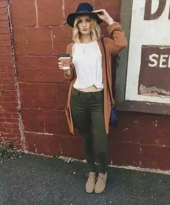 white knit tee with green cardigan and olive pants