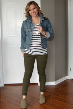 blue denim jacket with striped tee and olive skinny trousers