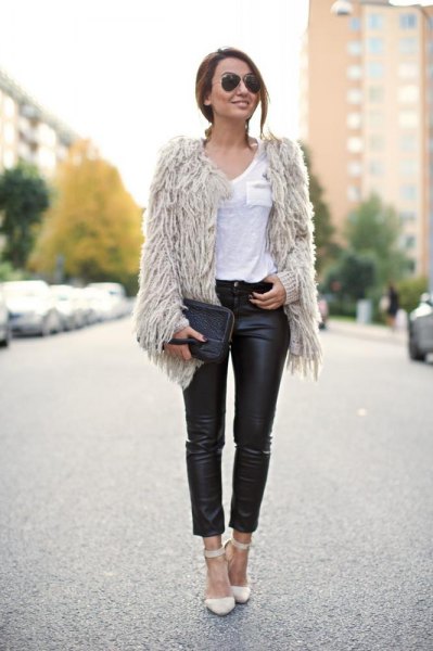 light gray faux fur jacket with black leather waist in high waist