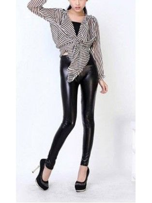 black and white striped knit blouse with leather clothes and high heels