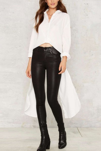 white cropped high low blouse with black leather waist with high waist