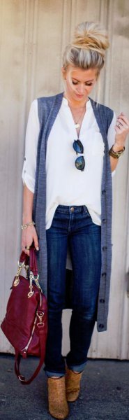 white button up shirt with long sleeved cardigan and brown boots