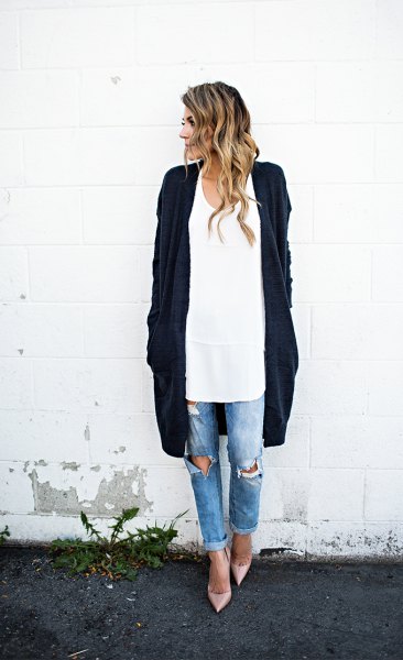white long spoon blouse with long blue deep blue cardigan