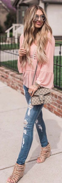 blush puff sleeve crochet blouse with ripped jeans and buttoned heels