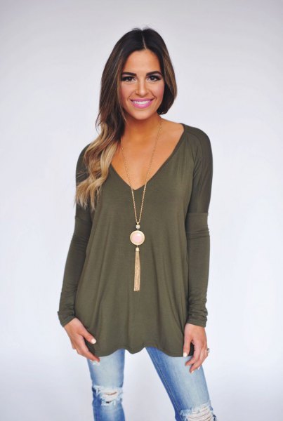 green v-neck long sleeve tunic top with boho style necklace