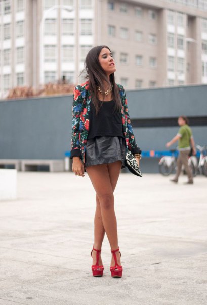 black floral printed blazer with mini leather skirt