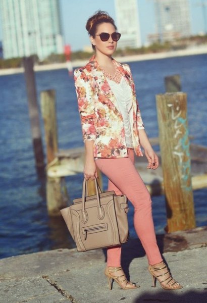 pink pink jacket with white ruched top and crepe skinny jeans