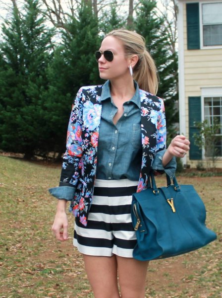 blue and black floral blazer with chambray shirt and striped flowing shorts