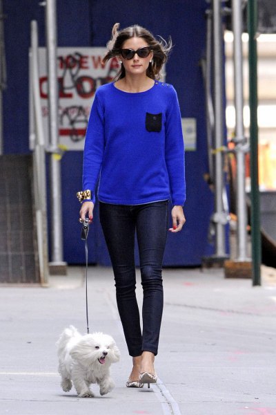 royal blue sweater with dark blue skinny ankle jeans