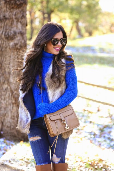 turtleneck-ribbed shirt with blue jeans and over knee-brown boots