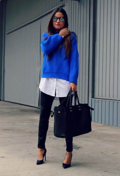 rib knitted blue sweater over long white white shirt