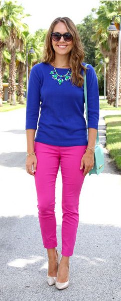 royal blue jersey with hot pink ankle jeans